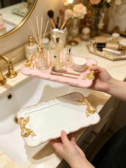 Decorative Resin Tray With 3D Bow Decor, Macaron Color Rectangular Tray, Exquisite Gold Trim Cosmetic Storage Box, Suitable For Vanity, Bathroom, Kitchen And Living Room, Multi-Functional For Jewelry, Perfume Bottles, Small Accessories Or Small Potted Plants, Luxury Style