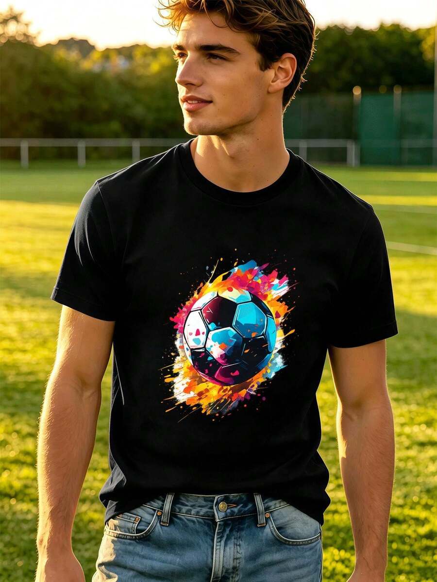 Herren-T-Shirt Mit Fu?Ball-Grafikprint, Premium-Baumwolle, Lockere Passform, Street Hip-Hop-Stil, Bequem, Kunstdruck - 白色 - 查看 1