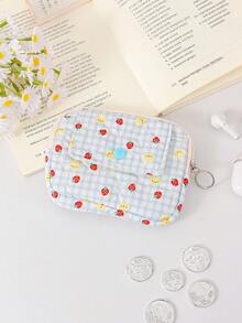 Strawberry & Plaid Print Quilted Cosmetic Bag Portable Sanitary Napkin Organizer With Keyring Cute Mini Storage Bags Heart Pattern Coin Purses Pouch - Multicolor - View 5