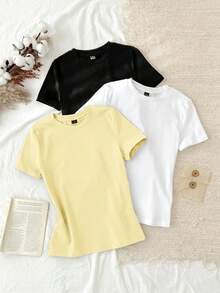 Set Of 3 Slim-Fit Long-Sleeved T-Shirts With Round Neck, 95% Cotton, Minimalist And Casual Style For Women - 多色 8 - 查看 1
