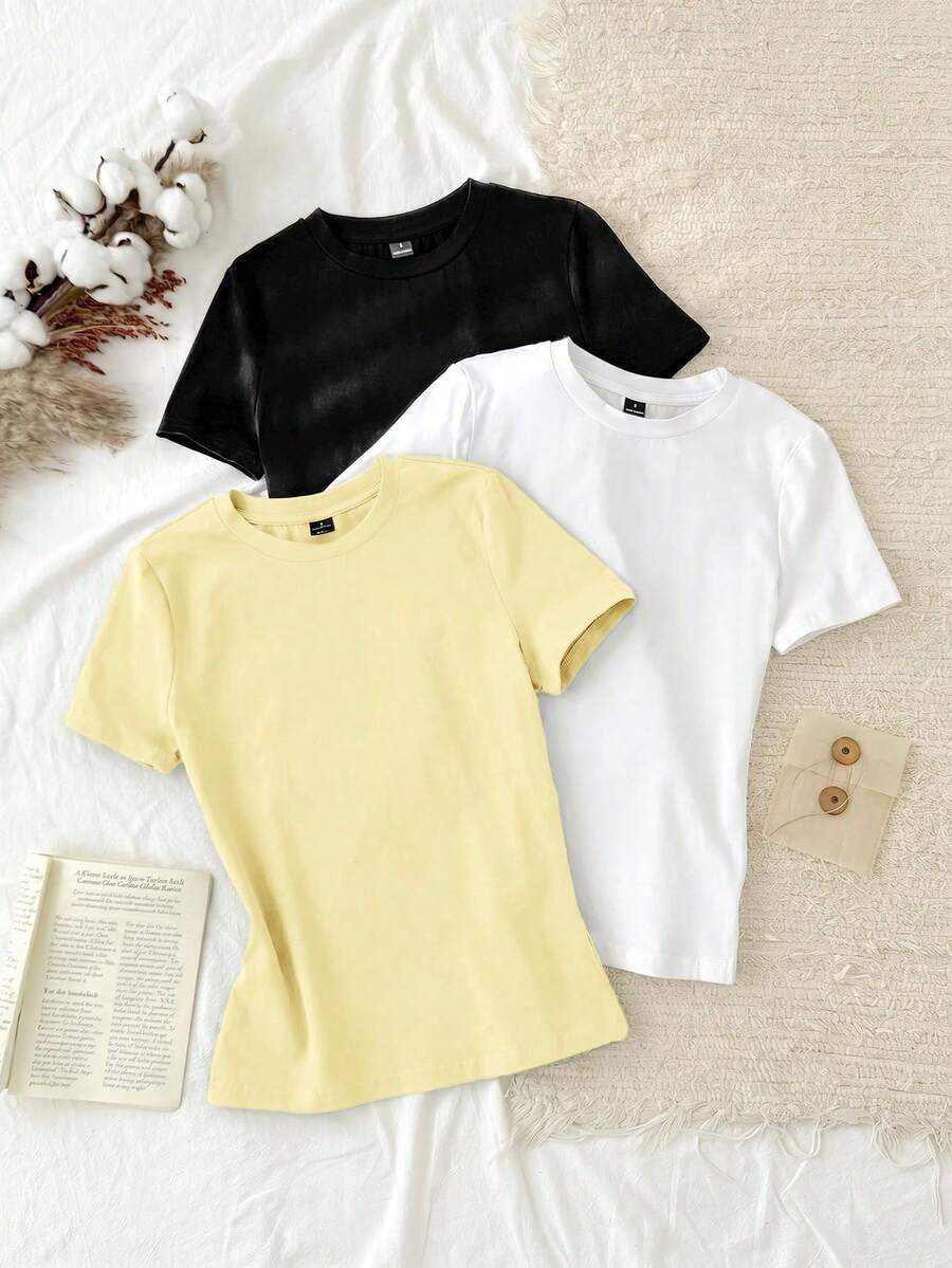 Set Of 3 Slim-Fit Long-Sleeved T-Shirts With Round Neck, 95% Cotton, Minimalist And Casual Style For Women - 多色 8 - 查看 1