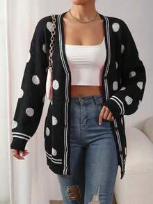 Women's Black And White Polka Dot Button Knit Cardigan, Long Sleeve Open Front Mid-Length, Suitable For Autumn/Winter Wear - Black and White - View 3