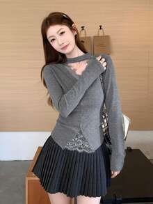 Korean Style Elegant Lace Patchwork V-Neck T-Shirt Women Spring Autumn Sweet Hot Girl Top - Grey - View 8