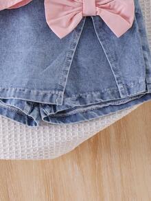 2pcs/Set Young Girl' Sweet Cute 3D Butterfly Suspender Top And Denim Skirt Outfit, Summer - Pink - View 8