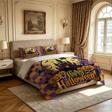3-Piece Halloween Bedding Set (1 Duvet Cover + 2 Pillowcases), Featuring Halloween-Themed Design. Bedding Is Soft And Comfortable, Made With High-Definition Digital Printing Technology. Patterns Include Castles And Pumpkin Designs. No Fillers Included. Perfect For Bedroom, Dorm (Unisex) And Travel Use. - 4129+SJT+W - View 8