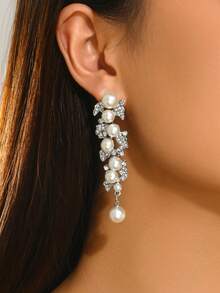 1 Pair Luxury Faux Pearl & Rhinestone Large Drop Earrings For Women, Suitable For Wedding, Banquet, Anniversary - Silver - View 2