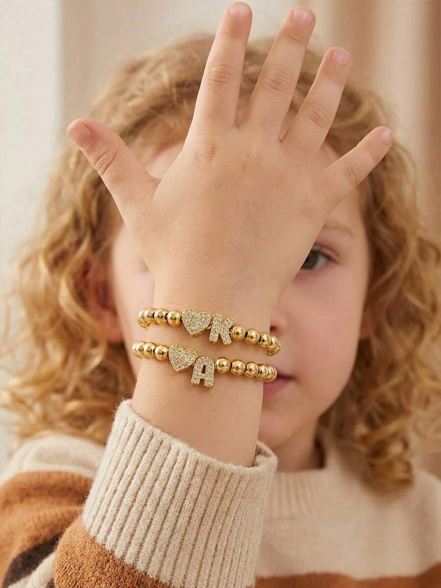 1pc Zirconia Decorated Heart & A-Z Initial Decorated Elastic Bead Bracelet, Girls Birthday Gift, Daily Versatile Jewelry - Gold - View 1