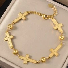 18K鍍金獨特設計金手鍊套組，十字架吊墜與圓珠交織鏈條女款日常街頭穿搭飾品 - 金色 - 查看 4