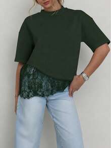 Solid Color Knit Fabric Lace Patchwork Short Sleeve T-Shirt For Women, Casual Sports Office Wear For Spring Summer - Dark Green - View 8