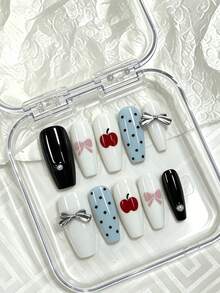 10pcs Handmade Full Cover Nail Tips, Medium Length, Sweet & Retro Style, With Apple, Polka Dot & 3D Bow Patterns, Featuring Contrast Color Painting & 3D Decorations, Suitable For Girls, Summer Vacation, Graduation Season, Dates, Birthday Parties And Daily Wear, Comes With Jelly Gel And Nail File Nails - Multicolor - View 1
