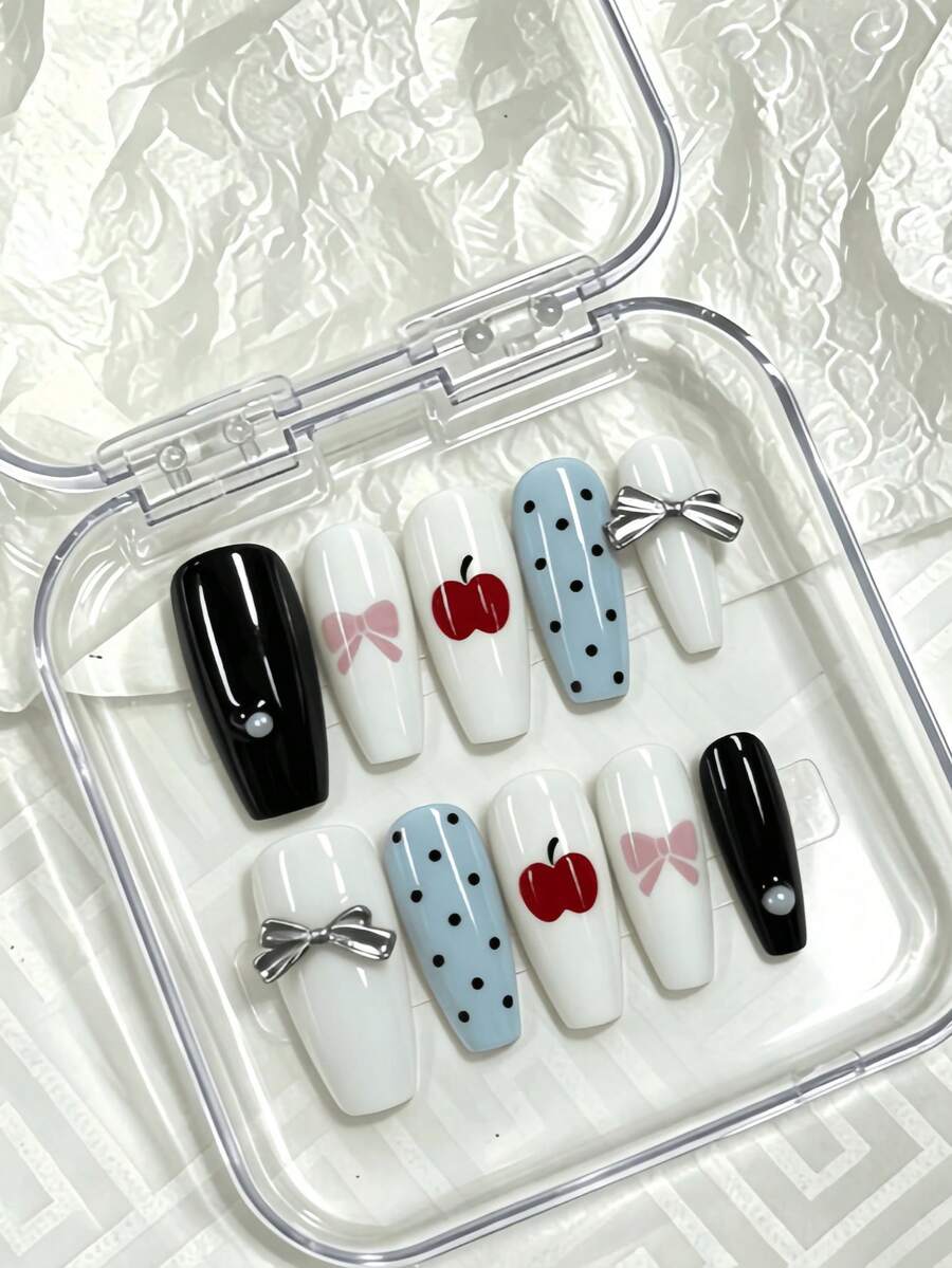 10pcs Handmade Full Cover Nail Tips, Medium Length, Sweet & Retro Style, With Apple, Polka Dot & 3D Bow Patterns, Featuring Contrast Color Painting & 3D Decorations, Suitable For Girls, Summer Vacation, Graduation Season, Dates, Birthday Parties And Daily Wear, Comes With Jelly Gel And Nail File Nails - Multicolor - View 1