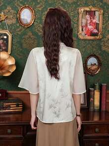 New Chinese Style Women's Bamboo Knot Jacquard Shirt, Stand Collar Tassel Frog Button Bell Sleeve Satin Blouse Summer - Apricot - View 2