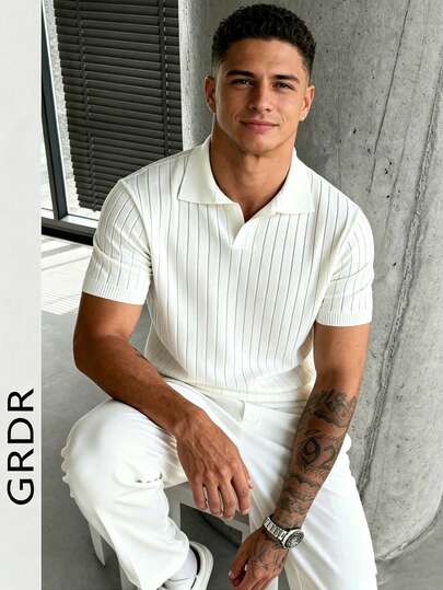 GRDR Men's Loose Thin Ribbed Polo Collar Knit Shirt, Short Sleeve, Summer
