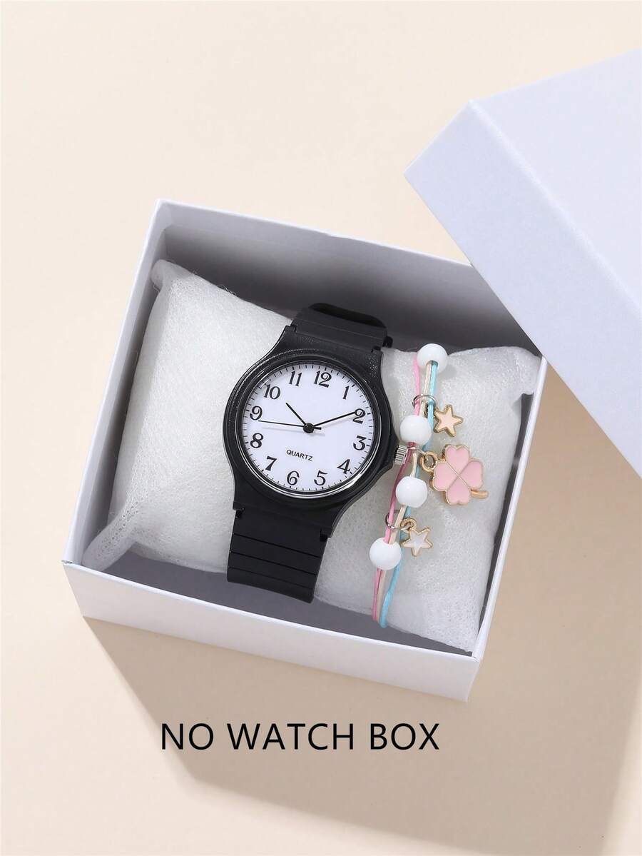 2pcs/Set Fashion Digital Face Quartz Student Watch + Bracelet - Black - View 1