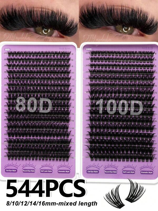 544 miếng lông mi giả, độ cong D, dày tự nhiên và bông, 80D+100D, độ dài hỗn hợp 8mm-16mm, lông mi chùm tự làm
