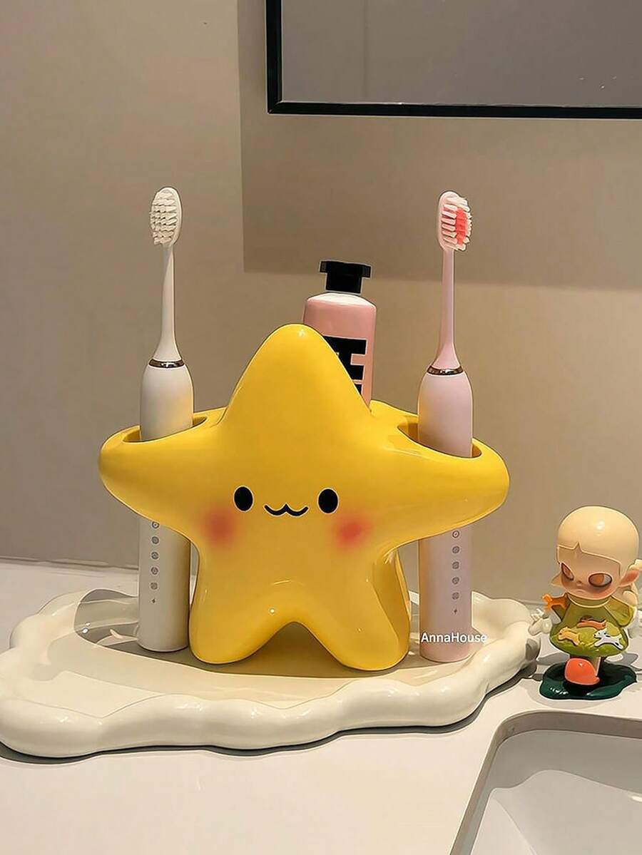 1PcCute Star Toothbrush Holder, Cute Expression Design-Independent Space-Saving Plastic Bathroom Storage Box, Durable Star Toothbrush Toothpaste Storage Device, Open Design Room Bathroom Storage Couple Multi-Functional Shelf.