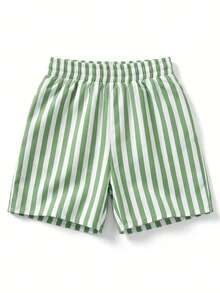 2pcs/Set Girls Vacation Style T-Shirt And Striped Shorts Set - Green - View 3