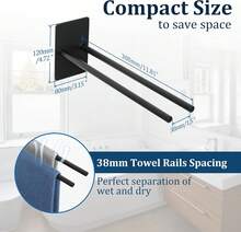 Porta asciugamani a doppia barra in acciaio inox nero, fissaggio adesivo senza fori, lunghezza 30 cm, per bagno e cucina - nero - Visualizzare 4