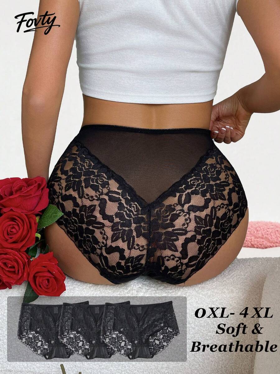 3 buah celana dalam seksi renda ukuran besar untuk wanita, cocok untuk kembali ke sekolah. - Hitam - View 1