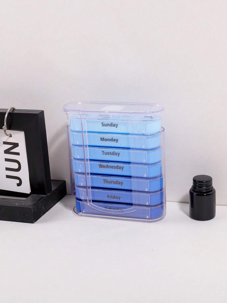 1pc 28 Grid 7 Day Pill Box, Blue Gradient A Weekly Pill Storage Box, Fashion Pill Box For Vitamins, Medicine Storage - Blue - View 1