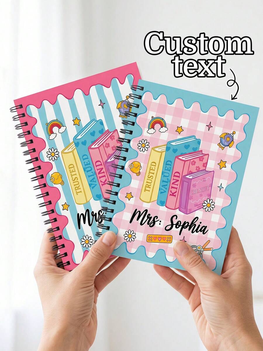 1pc Customized Name Teacher Spiral Notebook, Wavy Edge Pink Plaid Book Stack Daisy Doodle Diary, Personalized Sweet Style Writing Planner Notebook, Teacher Gift, Teacher Daily Classroom Planning, Teacher Appreciation Gift, Back To School Season - Multicolor - View 1
