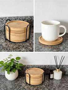 6pcs Bamboo Coasters With Tray - Multi-Functional Suitable For Large Cups, Wine Glasses, Coffee Mugs, Succulent Plant Pads, Natural Wood Beverage Coasters For Home Kitchen Bar Decor - Multicolor - View 8