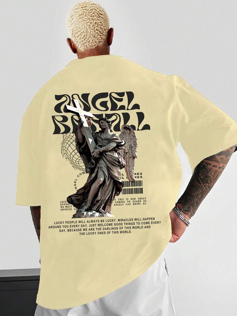 Men's T-Shirt With Angel Print - Khaki - View 1