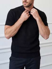 Men's Mid-Neck Textured Knit T-Shirt - Black - View 1