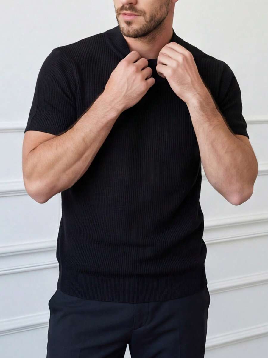 Men's Mid-Neck Textured Knit T-Shirt - Black - View 1