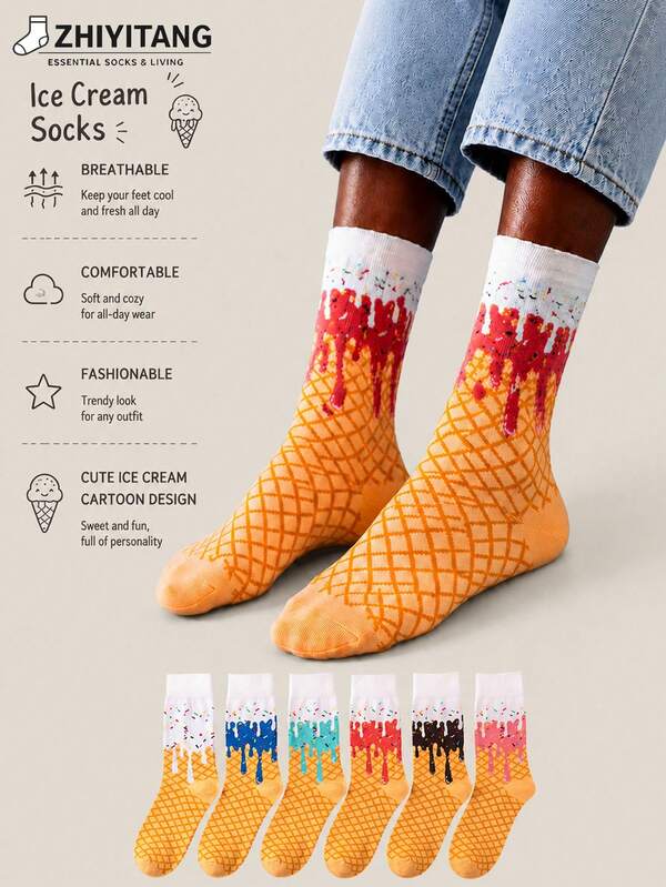ZHIYITANG Random 1 Pair/Random 3 Pairs Women's Mid-Calf Socks, Cute Cartoon Ice Cream Pattern Theme, Creative Fashion Personalized Women's Socks, Spring/Autumn Thin Breathable Comfortable Moisture-Wicking Sweat-Absorbing Socks, Sports Casual Style Women's Long Socks Suitable For Daily Wear