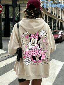 Disney Minnie Mouse Back Graphic Hoodie Women Beige Oversized Hooded Sweatshirt Y2K Streetwear Casual Slouchy Pullover Top - 杏色 - 查看 3