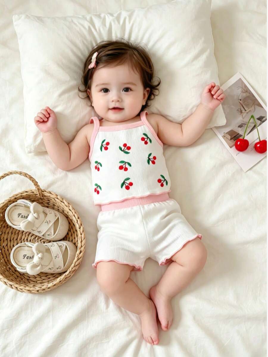 2pcs Baby Girls' Cute Sweet Cherry Pattern Ribbed Camisole Top And Shorts Set, Lightweight Summer Outfit - Baby Pink - View 1