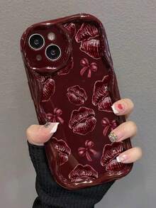 Lip Art Creamy Wavy Edge Burgundy Flat Print Painted Anti-Drop Fashion Cute Phone Case Compatible With Ip 17/Ip 17pro/Ip 17promax/Iphone16/Iphone16pro/Iphone16promax/IPhone16plus/ 10cases Anti-Drop New IPhone14IPhnoe15 Anti-Drop P14 Thickened P13 Soft Shell P12 Full Coverage P11 Anti-Drop Creative Phone Case - Multicolor - View 4