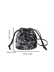 Women's Drawstring Mini Crossbody Bucket Bag, Quilted Pattern, Daily Outdoor Use - Silver - View 9