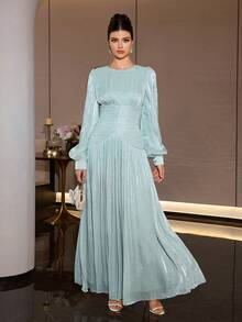Women's Elegant Long Sleeve Round Neck Pleated Formal Dress, Flared Hem Woven Fabric Maxi Dress Wedding Party Fall - Mint Green - View 1