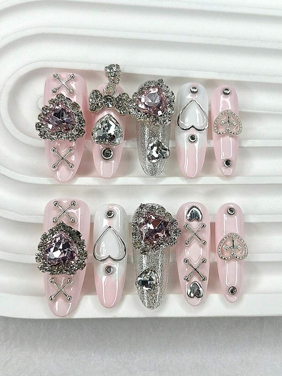 10片裝粉色與銀色甜酷風可穿戴美甲貼,愛心粉色水鑽可重複使用橢圓形美甲用品(1片果凍貼 + 1片指甲锉),手工壓貼式美甲 - 彩色 - 查看 1