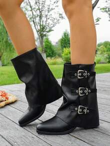 Women's Autumn/Winter Fashion Comfortable Slip-On Ankle Boots, Chunky Heel With Buckle Design, Plus Size Easy-On, Minimalist Versatile - Black - View 2