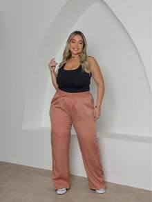 Plus Size Wide-Leg High-Waisted Pants With Cargo Pockets. - Rosa Oxidada - Ver 4