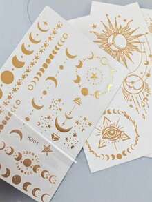 1/2sheets Of Gold Foil Bracelet And Moon Pattern Temporary Tattoo Stickers, For Body Painting Decoration, Very Suitable For Girls. - Gold - View 8