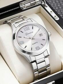 1pc Boys Silver Alloy Strap Casual Round Dial Quartz Watch, Suitable For Daily Wear - Silver - View 3