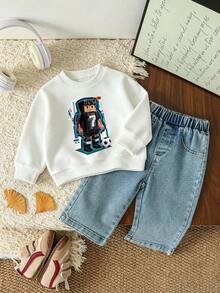 Baby Boy Cartoon Print Crew Neck Long Sleeve Sweatshirt And Denim Pants - White - View 1