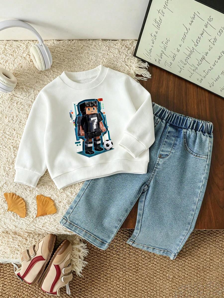 Baby Boy Cartoon Print Crew Neck Long Sleeve Sweatshirt And Denim Pants - White - View 1