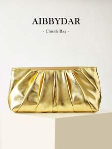 AIBBYDAR Women's Clutch Bag, Gold Fashion Elegant Pleated Bag, Gold Bag, Women's Handbag, Evening Bag, Portable Makeup Bag, Wallet, Business Commute, Crossbody Bag With Detachable Shoulder Strap, Wedding Season, Ball, Party, Holiday Gathering, Gift - Gold - View 1