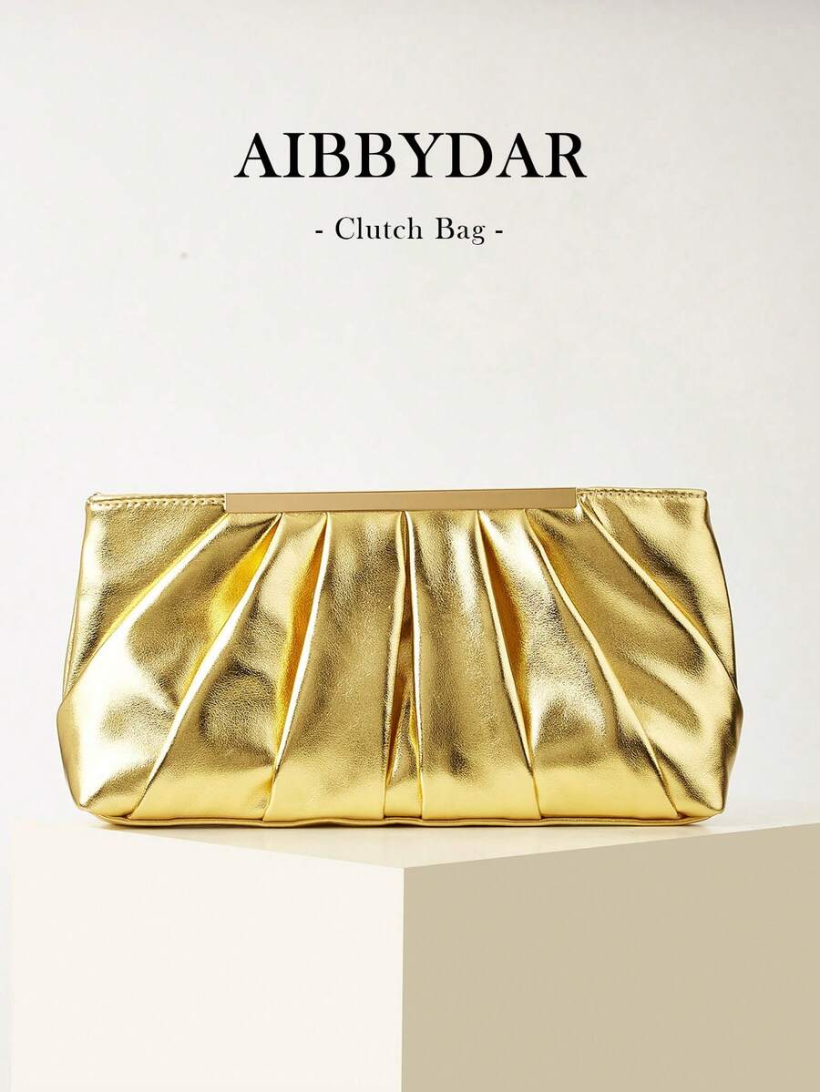 AIBBYDAR Women's Clutch Bag, Gold Fashion Elegant Pleated Bag, Gold Bag, Women's Handbag, Evening Bag, Portable Makeup Bag, Wallet, Business Commute, Crossbody Bag With Detachable Shoulder Strap, Wedding Season, Ball, Party, Holiday Gathering, Gift - Gold - View 1