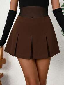 Falda mini plisada con pliegues de un solo color, de uso casual y versátil - Café integral - Ver 1