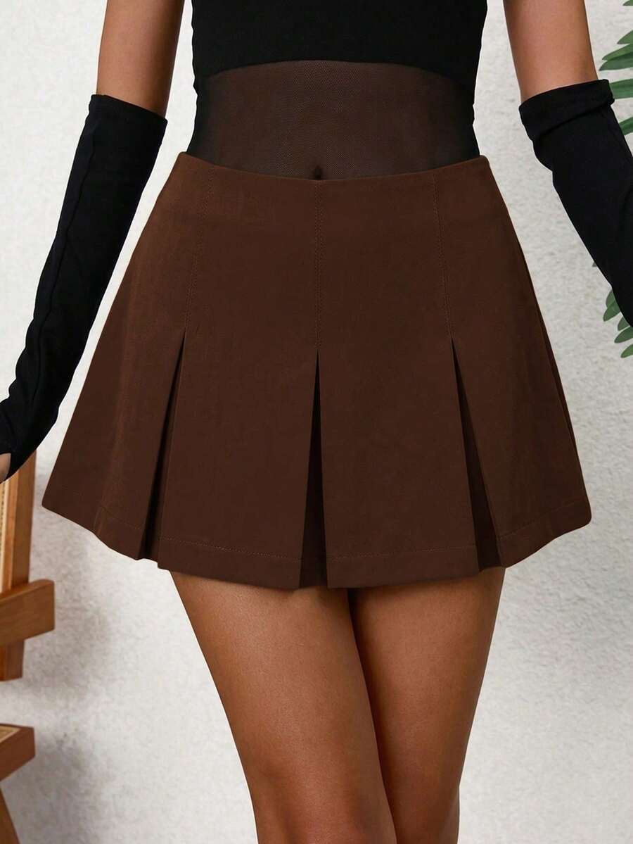 Falda mini plisada con pliegues de un solo color, de uso casual y versátil - Café integral - Ver 1