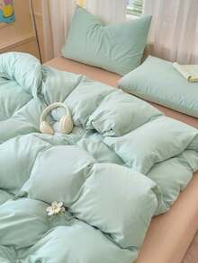 Blue & White Colorblock Washed Polyester Skin-Friendly Duvet Cover 3 Pieces Set - Cadet Blue - View 5