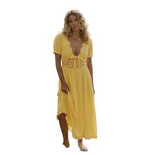 Summer French Retro Lace Patchwork Backless Lace-Up Long Dress With V-Neck And Irregular Hem, Slimming Dress. Breathable And Comfortable - Yellow - View 6