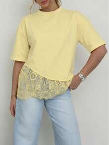 Spring New Solid Color Knit Fabric Lace Patchwork Short Sleeve T-Shirt, Casual, Sports, Office Wear For Spring/Summer - Yellow - View 8