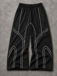 Men's Wide Leg Casual Sports Sweatpants With Curved White Contrast Stitching, Elastic Waist And Drapey Floor-Length Fit - Black - View 1